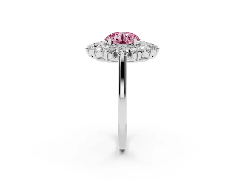 Round Floral Double Halo Engagement Ring Setting for a Fancy Pink Lab-Grown Diamond | Plain Band | White Gold