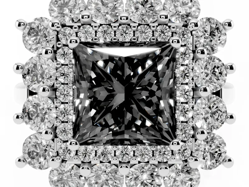 Princess Cut Floral Double Halo Engagement Ring Setting for a Black Center | Plain Band | Platinum
