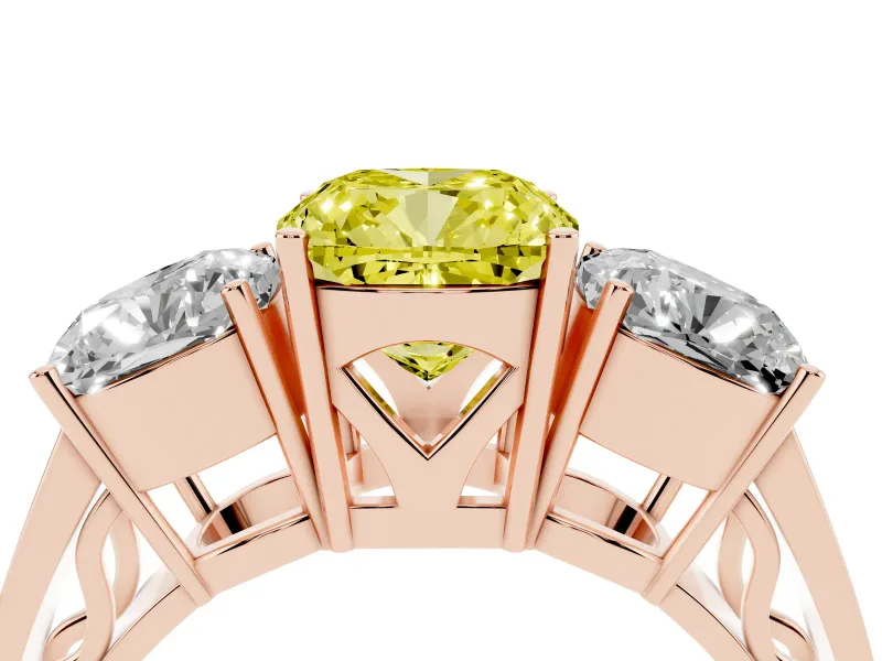 Cushion Cut Three Stone Engagement Ring Setting for a Fancy Yellow Lab-Grown Diamond | Beaded Shoulders | Rose Gold