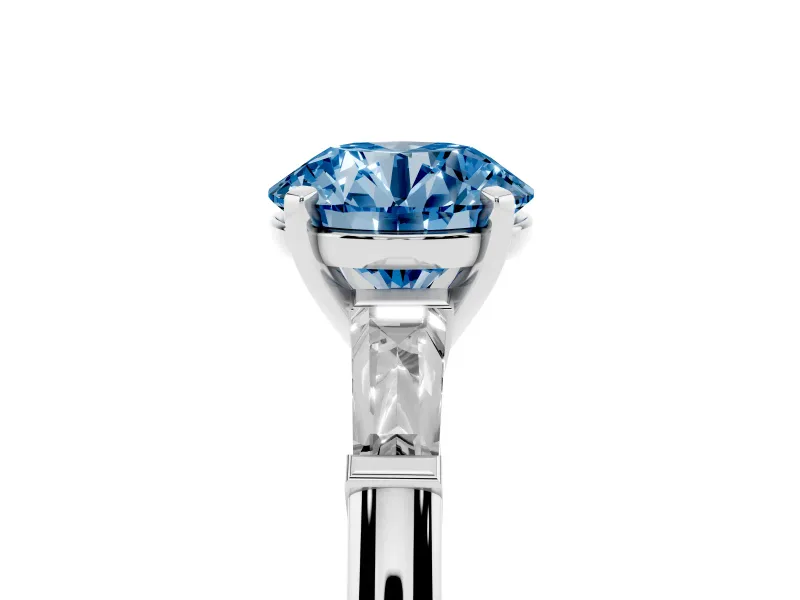 Round Three Stone Engagement Ring Setting for a Fancy Blue Lab-Grown Diamond | Tapered Baguettes | Sterling Silver