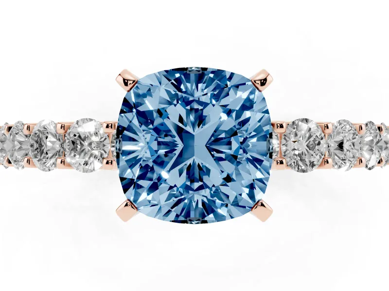 Cushion Cut Shared Prong Engagement Ring Setting for a Fancy Blue Lab-Grown Diamond | Rose Gold