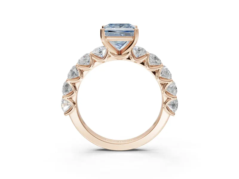 Princess Cut Side Stone Engagement Ring Setting for a Fancy Blue Lab-Grown Diamond | Scalloped Prong Accents | Rose Gold