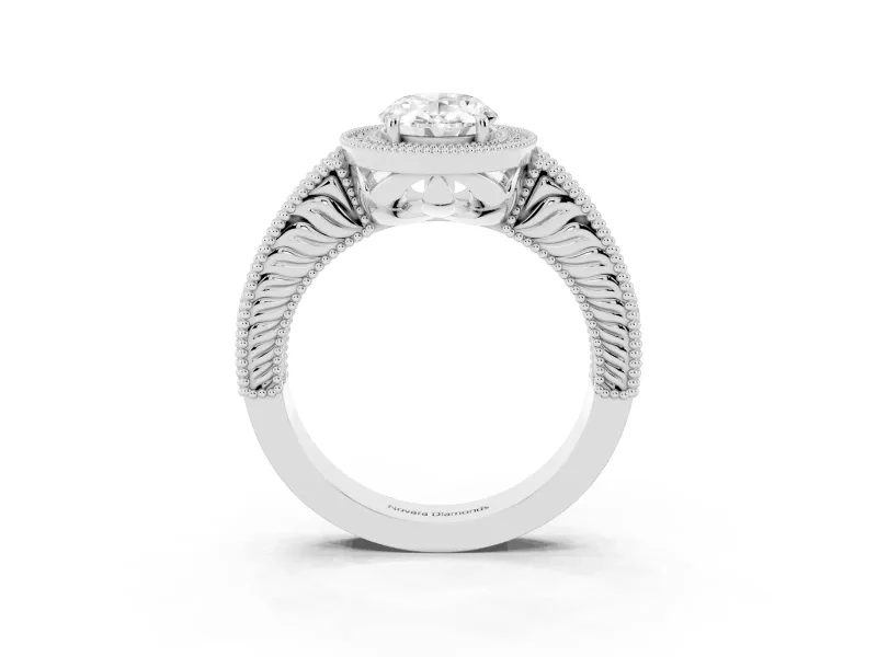 Oval Cut Diamond Halo Ring Set in White gold with Round Accent Halo, Pavé Band and Prong Setting
