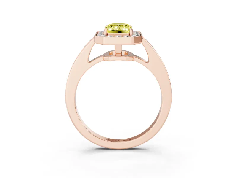 Fancy Yellow Emerald Cut Diamond Halo Pavé Engagement Ring Set in Rose gold with Bezel Setting