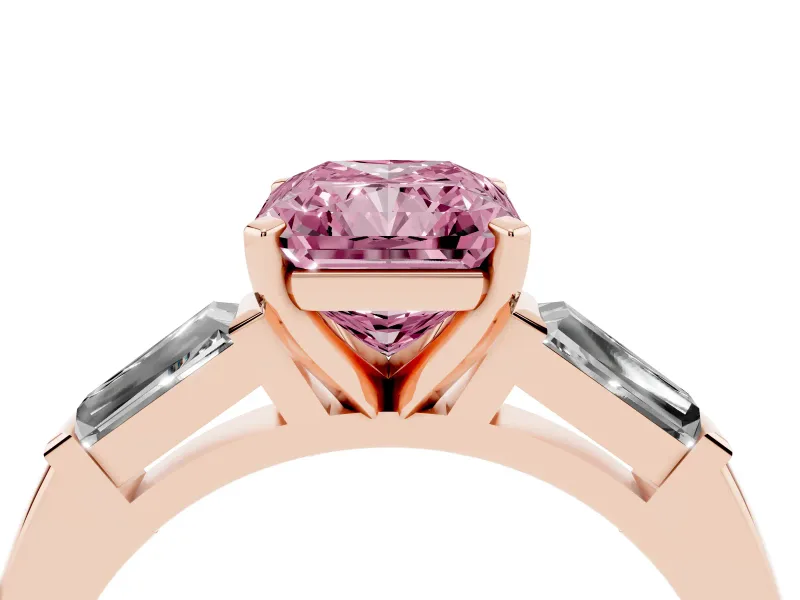 Radiant Cut Three Stone Engagement Ring Setting for a Fancy Pink Lab-Grown Diamond | Tapered Baguettes | Rose Gold