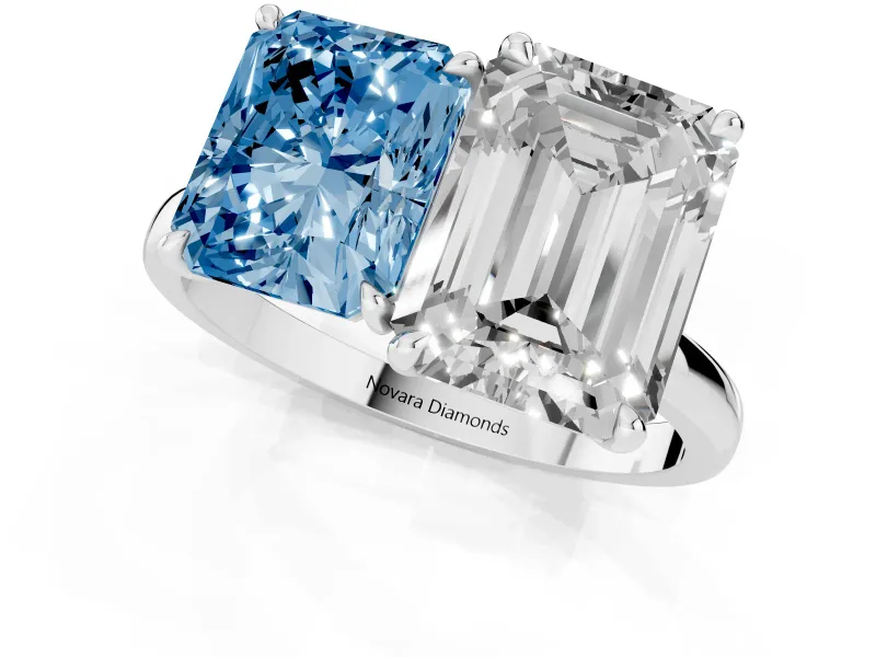 Fancy Blue Radiant Cut and Emerald Cut Toi Moi Ring Set in Silver with Prong Setting