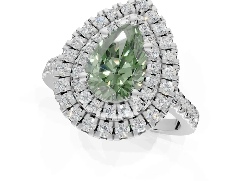 Fancy Green Pear-Shaped Lab-Grown Diamond Double Halo Statement Ring Set in Sterling Silver with Pavé Band