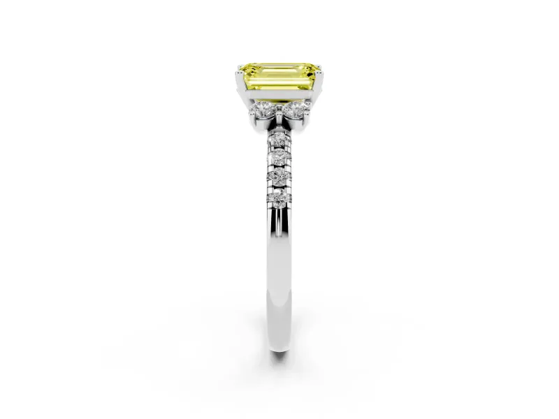 Emerald Cut Side Stone Engagement Ring Setting for a Fancy Yellow Lab-Grown Diamond | Pave Band | Sterling Silver