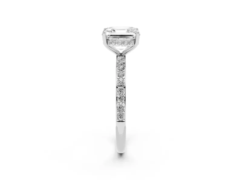 Asscher Cut Diamond Pavé Band Ring Set in Platinum with Prong-Set Center Stone