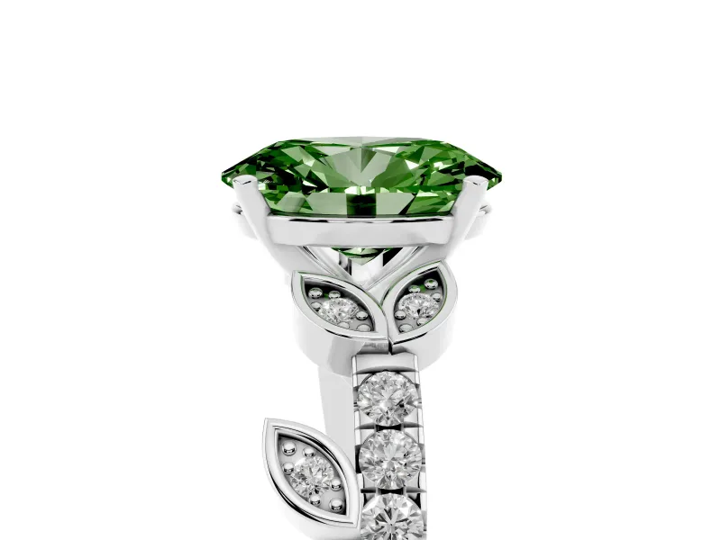 Fancy Green Oval Cut Diamond Solitaire Leaf-Inspired Ring Set in White gold with Pavé Band and Prong Setting