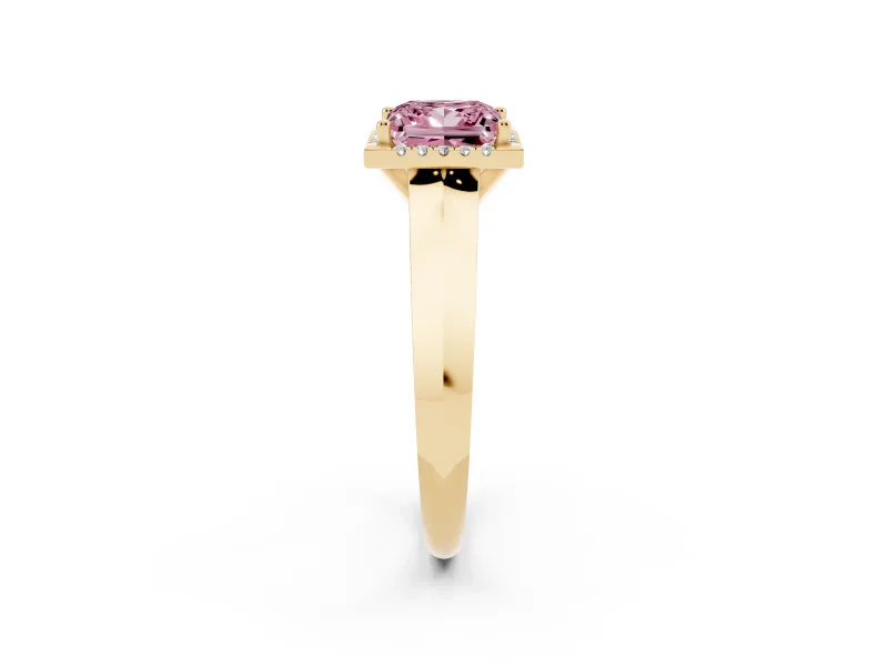 Fancy Pink Princess Cut Diamond Halo Ring Set in Yellow gold with Cathedral Band and Prong Setting