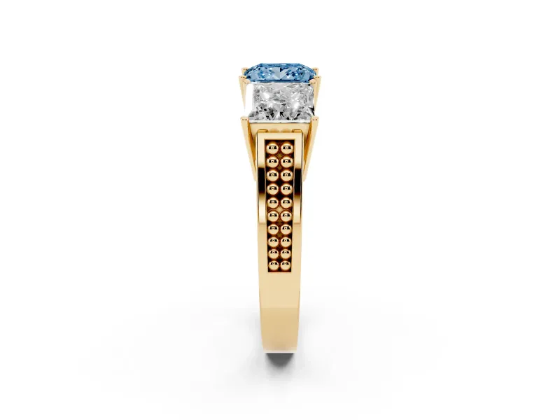 Princess Cut Three Stone Engagement Ring Setting for a Fancy Blue Lab-Grown Diamond | Beaded Shoulders | Yellow Gold