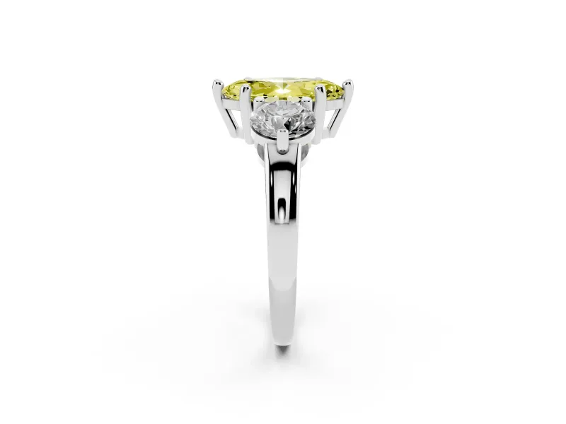 Fancy Yellow Marquise Cut Diamond Three-Stone Ring Set in White gold with Prong Setting and Classic Band