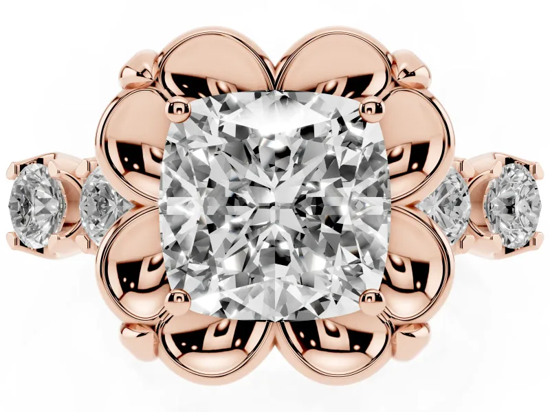 Cushion Cut Floral Engagement Ring Setting | Petal Frame and Side Stones | Rose Gold
