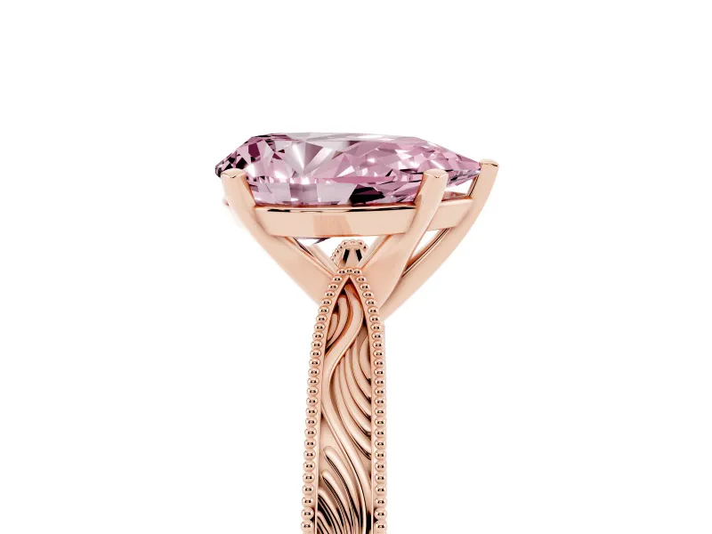 Fancy Pink Pear Cut Diamond Solitaire Milgrain Engraved Band Set in Rose gold with Prong Setting