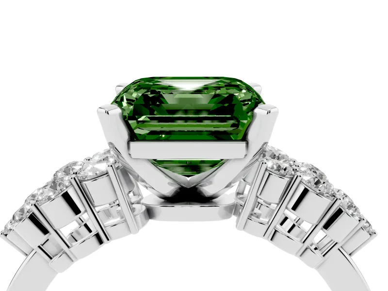 Fancy Green Asscher Cut Diamond Cluster Engagement Ring Set in Platinum with Pavé Band and Prong Setting