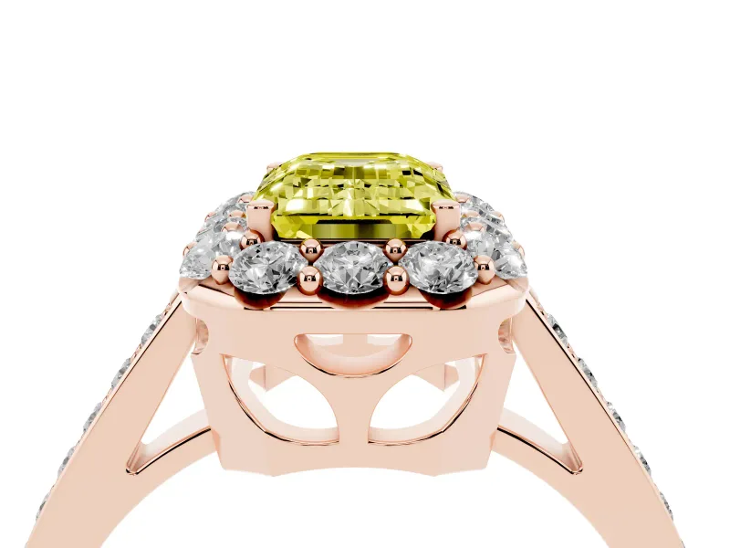 Emerald Cut Floral Halo Engagement Ring Setting for a Fancy Yellow Lab-Grown Diamond | Large Round Accents | Rose Gold