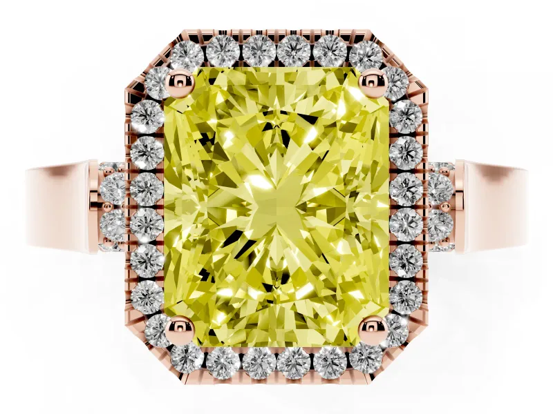 Radiant Cut Halo Engagement Ring Setting for a Fancy Yellow Lab-Grown Diamond | Pavé Panel Shoulders | Rose Gold
