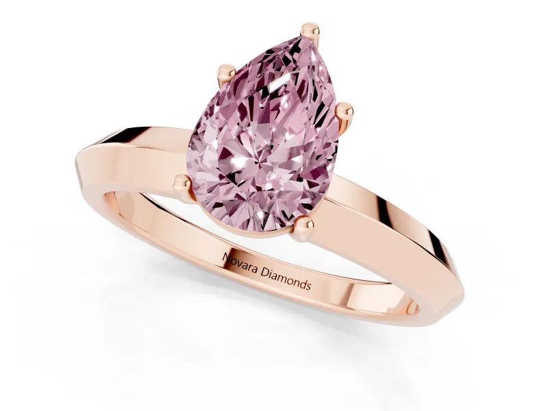 Fancy Pink Pear Cut Diamond Solitaire Engagement Ring Set in Rose gold with Flat Band and Prong Setting
