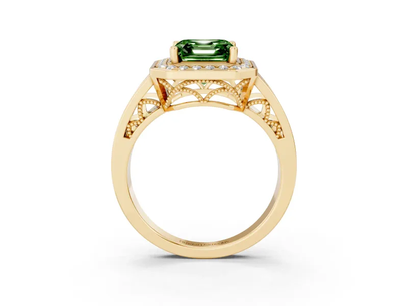 Asscher Cut Halo Engagement Ring Setting for a Fancy Green Lab-Grown Diamond | Channel-Set Split Shank | Yellow Gold