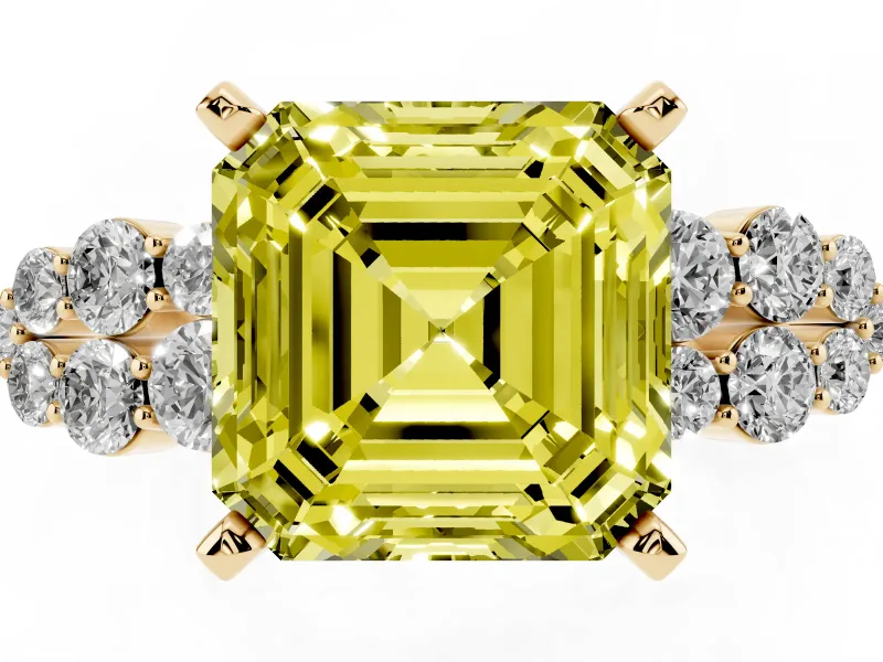 Asscher Cut Side Stone Engagement Ring Setting for a Fancy Yellow Lab-Grown Diamond | Shoulder Clusters | Yellow Gold