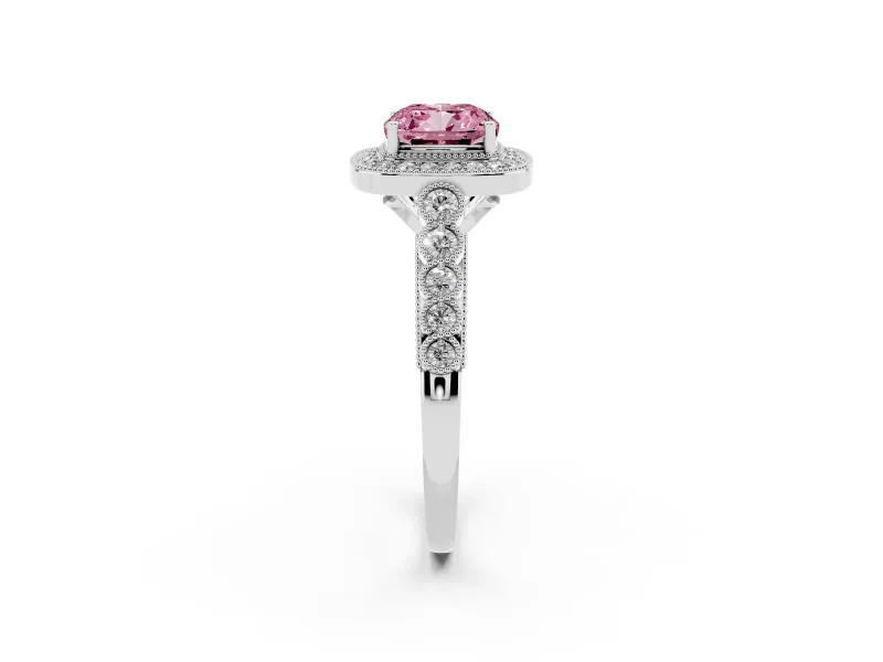 Cushion Cut Graduated Milgrain Halo Engagement Ring Setting for a Fancy Pink Lab-Grown Diamond | Platinum