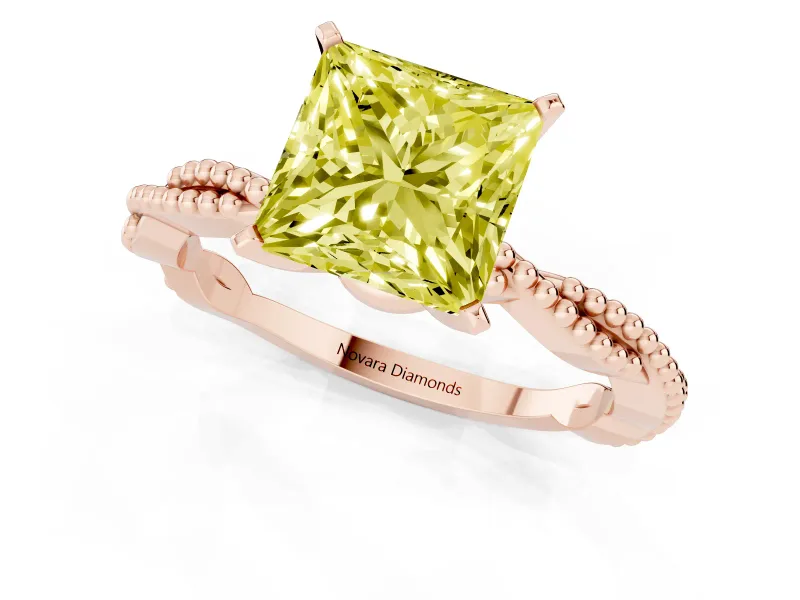 Fancy Yellow Princess Cut Diamond Solitaire Ring Set in Rose gold with Twisted Band and Bead Prong Setting