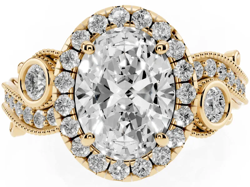 Oval Cut Diamond Halo Ring Set in Yellow gold with Milgrain Pavé Band and Prong Setting