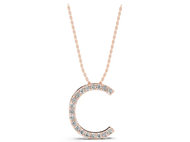 Round Lab-Grown Diamond Pavé Initial C Pendant Necklace | Single Row | Rose Gold