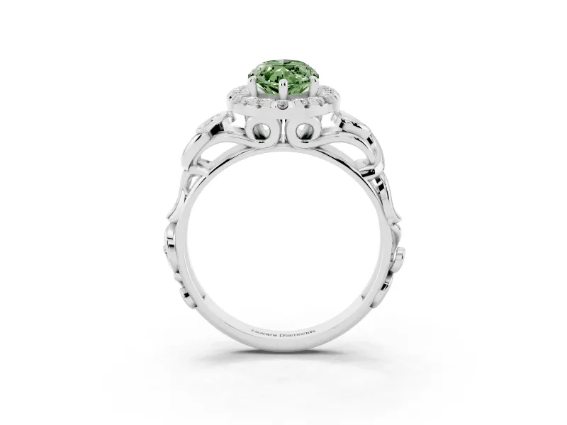 Fancy Green Marquise Cut Diamond Halo Ring Set in Silver with Scrollwork Band and Prong Setting
