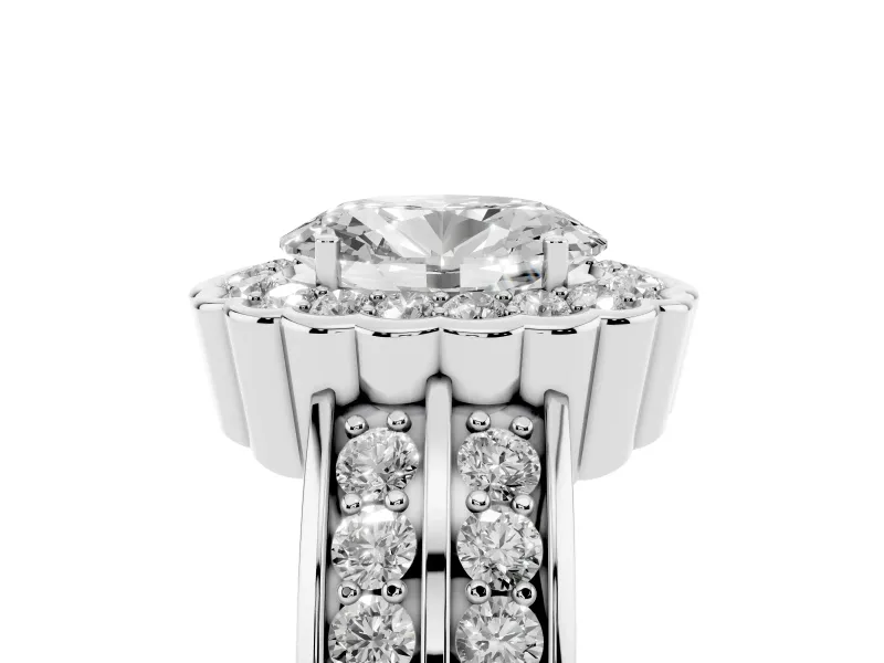 Oval Cut Diamond Scalloped Halo Ring Set in White gold with Pavé Split Shank