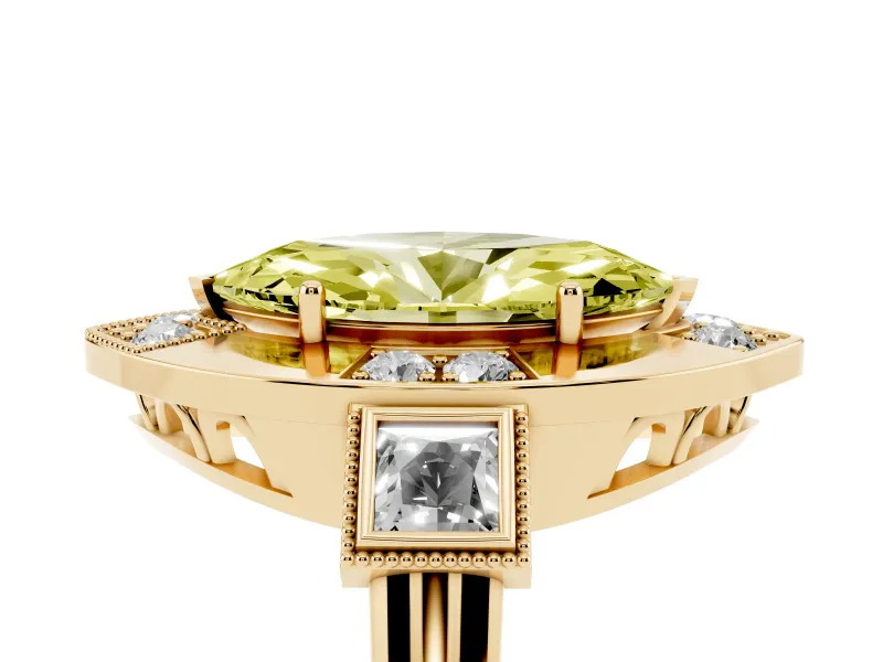 Fancy Yellow Marquise Cut Diamond Milgrain Halo Ring Set in Yellow gold with Split Shank