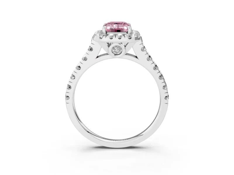 Emerald Cut Halo Engagement Ring Setting for a Fancy Pink Lab-Grown Diamond | Shared Prong Shoulders | Sterling Silver
