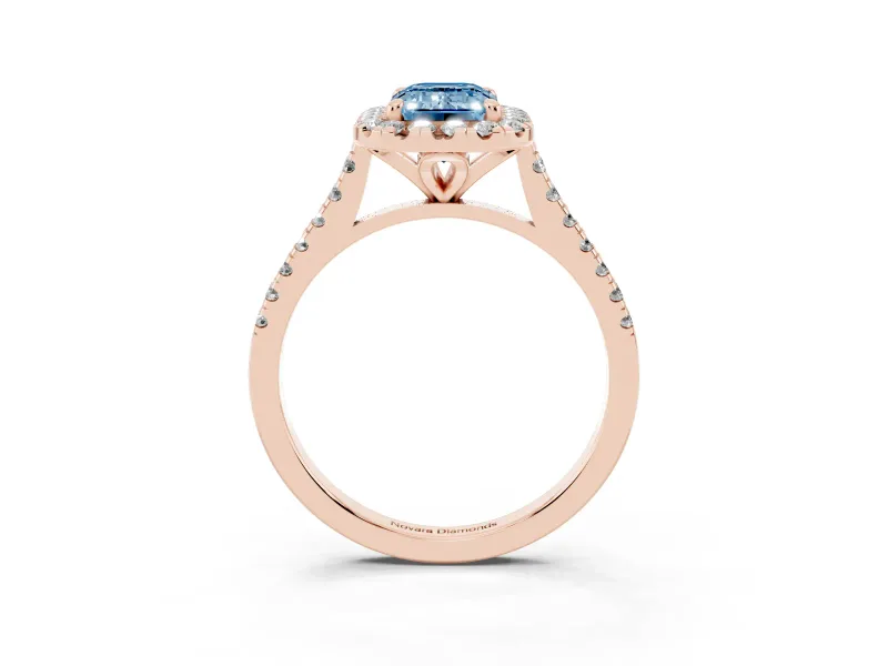 Emerald Cut Halo Engagement Ring Setting for a Fancy Blue Lab-Grown Diamond | Tapered Band | Rose Gold