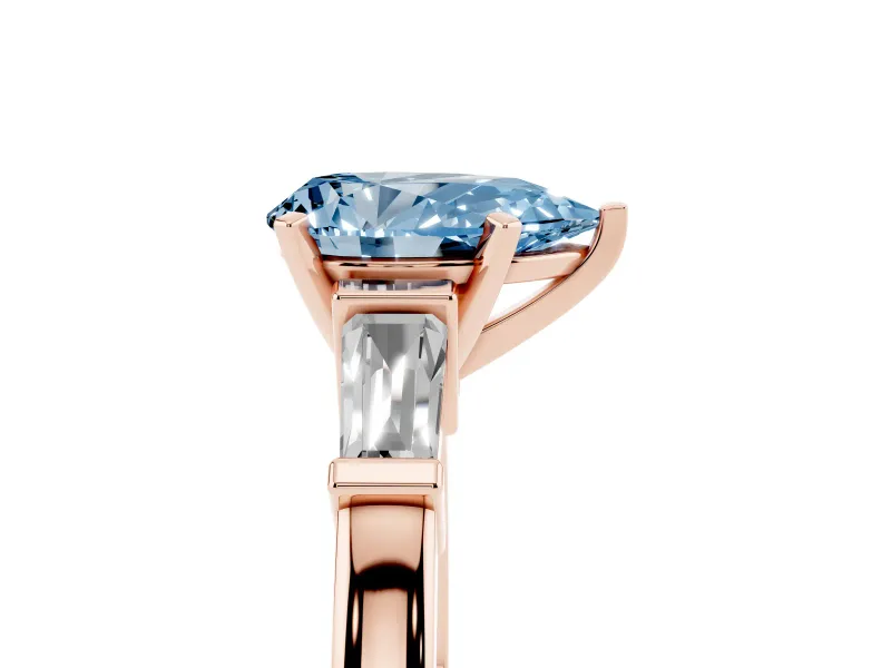 Pear-Shaped Three-Stone Engagement Ring Setting for a Fancy Blue Lab-Grown Diamond | Tapered Baguettes | Rose Gold