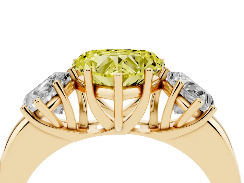 Fancy Yellow Heart Cut Diamond Three-Stone Ring Set in Yellow gold with Bold Center and Classic Band