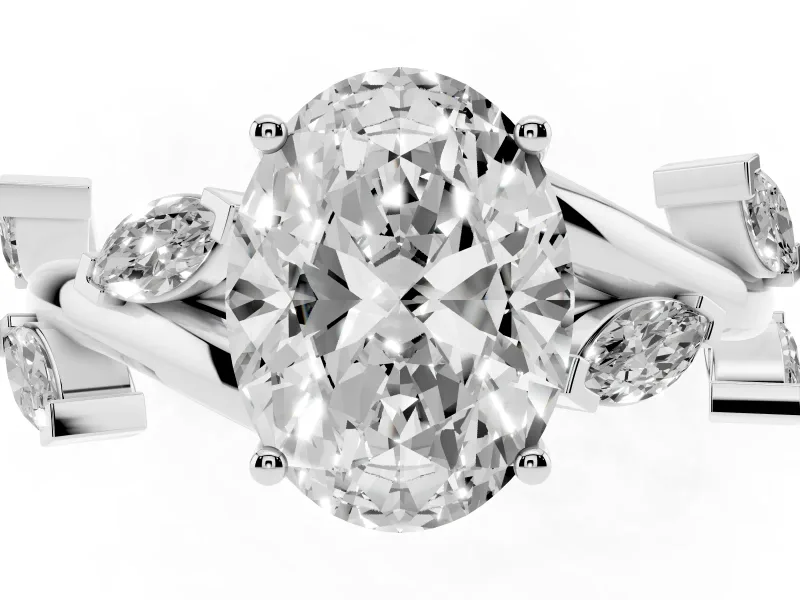 Oval Cut Diamond Solitaire Ring Set in Silver with Twisted Marquise Accent Band