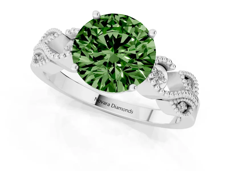 Fancy Green Round Cut Diamond Milgrain Leaf Band Solitaire Ring Set in White gold with Accent Stones and Prong Setting