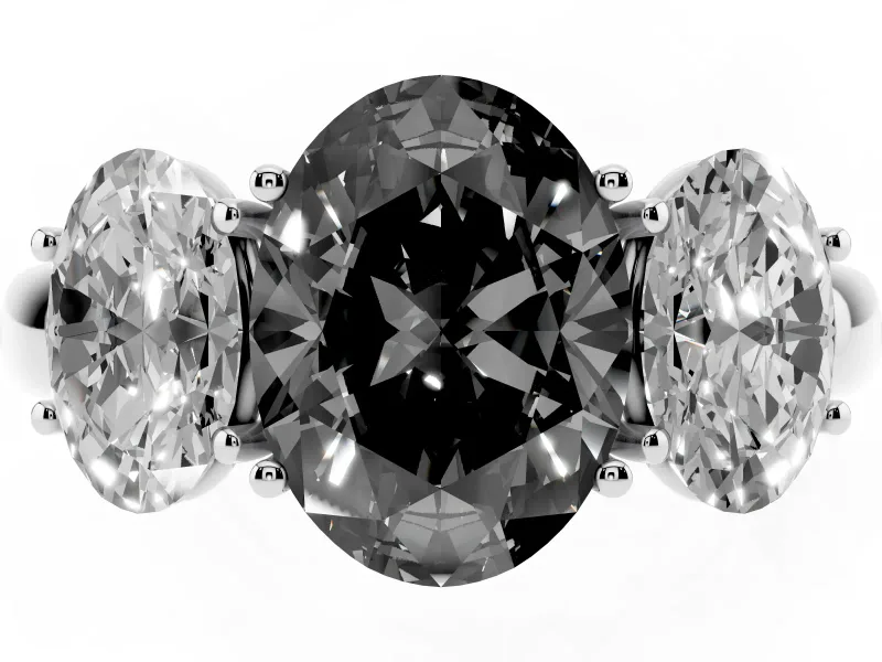 Fancy Black Oval Cut Diamond Three-Stone Ring Set in Platinum with Bold Center and Classic Band