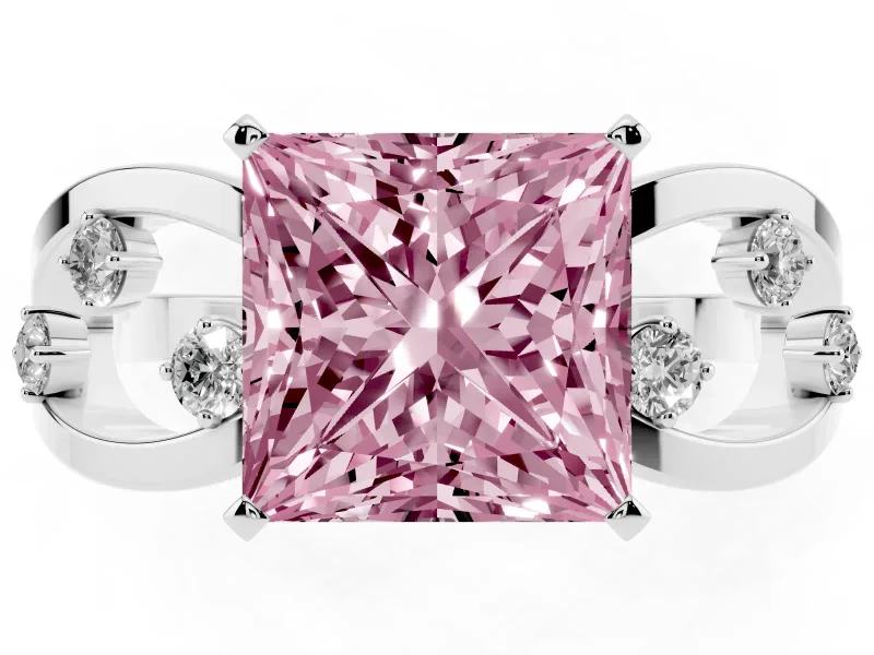 Fancy Pink Princess Cut Diamond Solitaire Ring Set in Platinum with Side Stones on Criss-Cross Band and Prong Setting