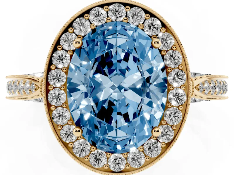 Oval Milgrain Halo Engagement Ring Setting for a Fancy Blue Lab-Grown Diamond | Side Stones | Yellow Gold