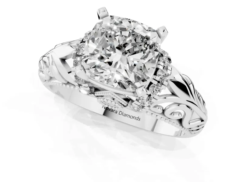 Cushion Cut Diamond Filigree Halo Engagement Ring Set in Silver with Prong Setting