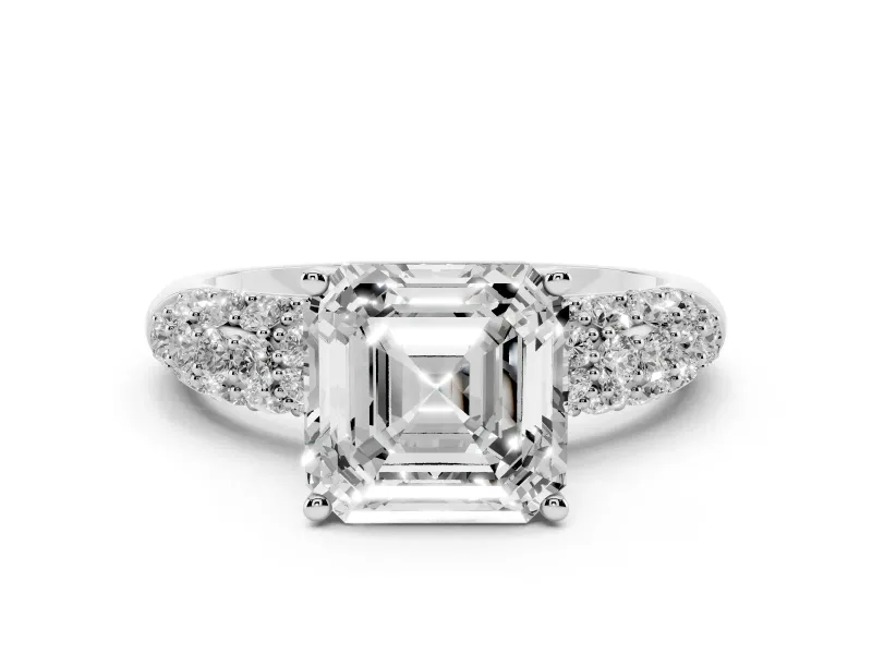 Asscher Cut Diamond Pavé Band Solitaire Ring Set in White gold with Close-Set Accent Stones and Prong Setting