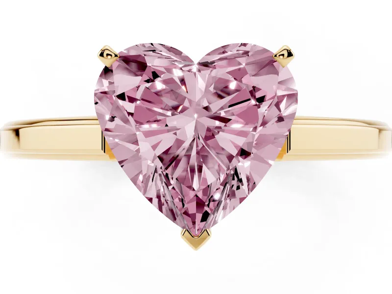 Fancy Pink Heart Cut Diamond Solitaire Ring Set in Yellow gold with Prong Setting and Classic Band
