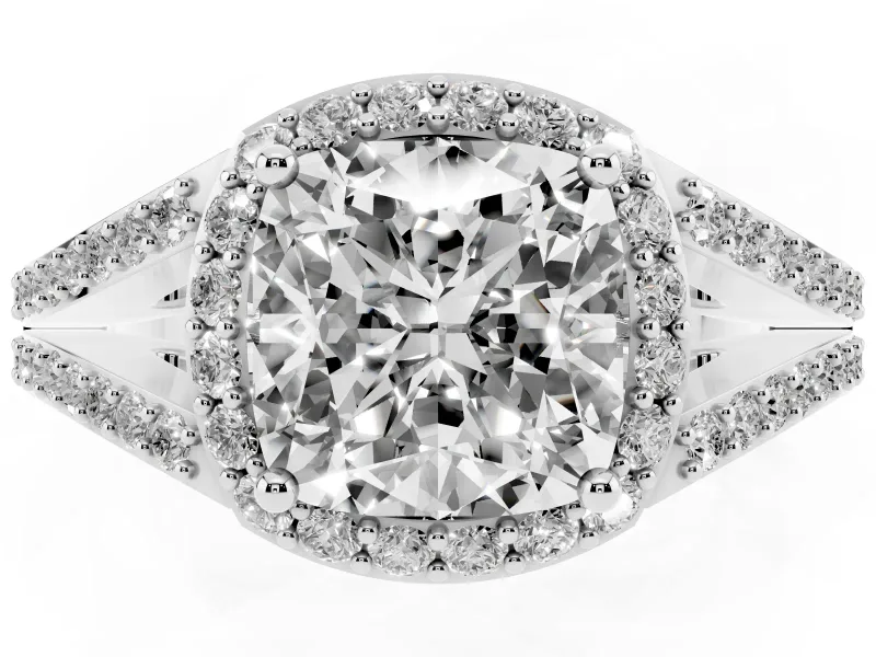 Cushion Cut Halo Engagement Ring Setting | V-Split Pavé Band | Platinum