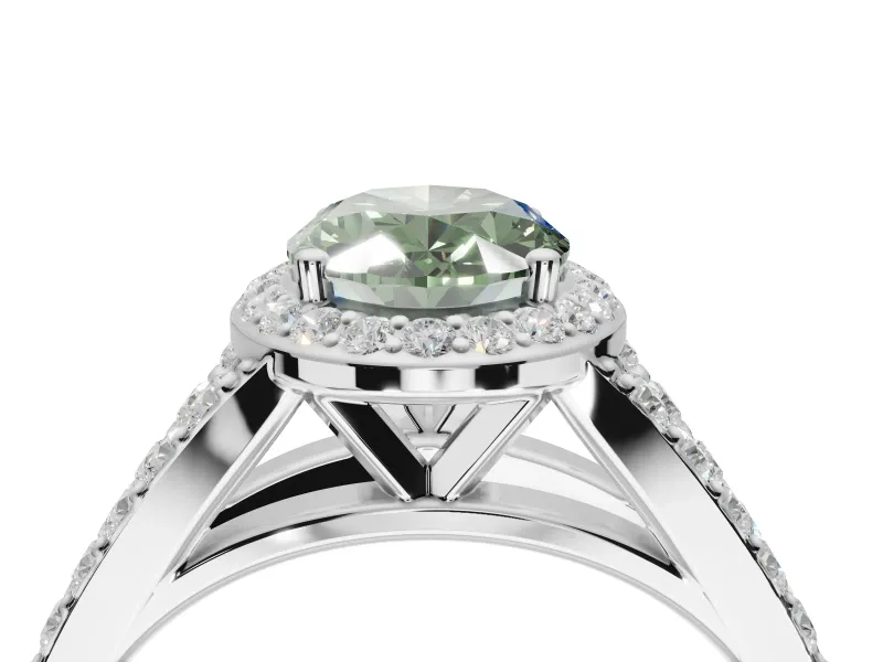 Oval Halo Pavé Engagement Ring Setting for a Fancy Green Lab-Grown Diamond | Narrow Split Shank | Sterling Silver
