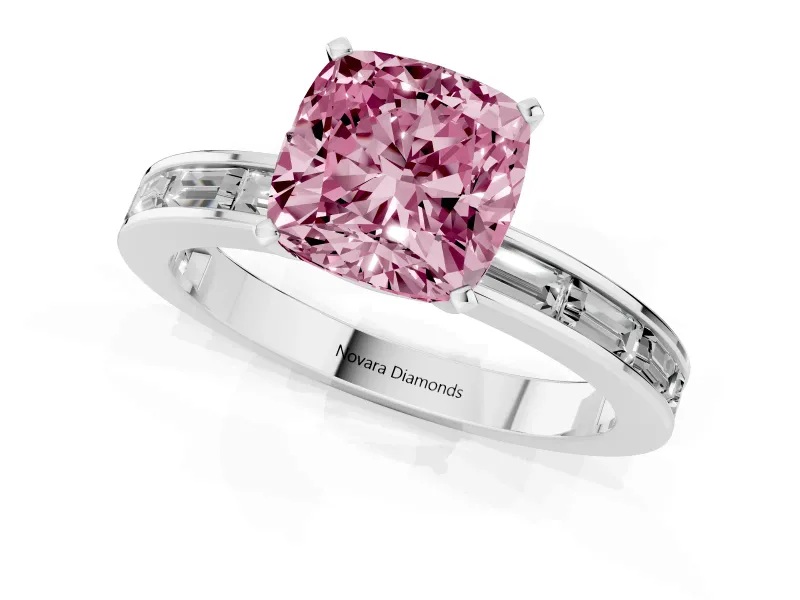 Fancy Pink Cushion Cut Diamond Solitaire Ring Set in Platinum with Channel-Set Baguette Band and Prong Setting