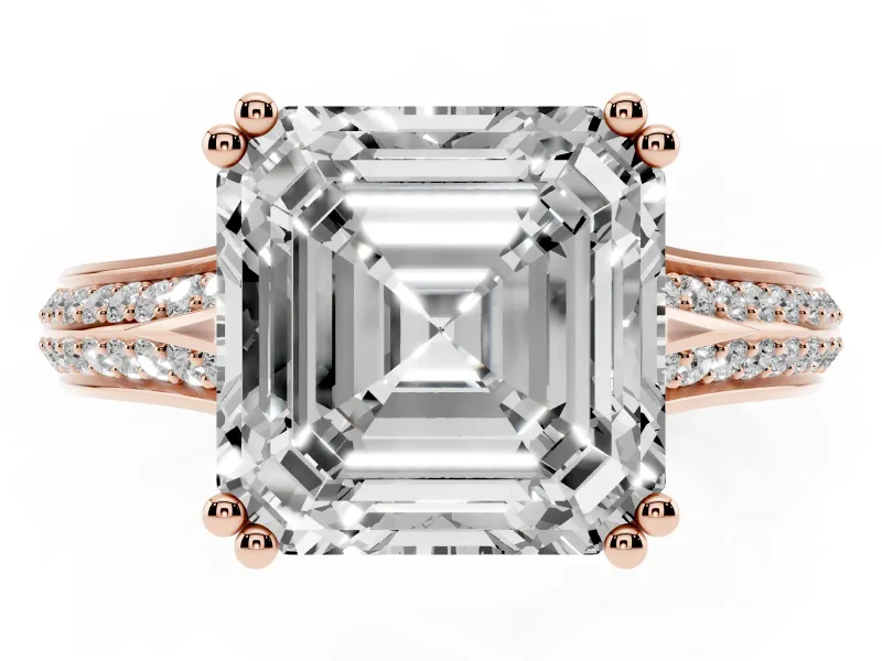 Asscher Cut Pave Split Shank Engagement Ring Setting | Double Claw Prongs | Rose Gold