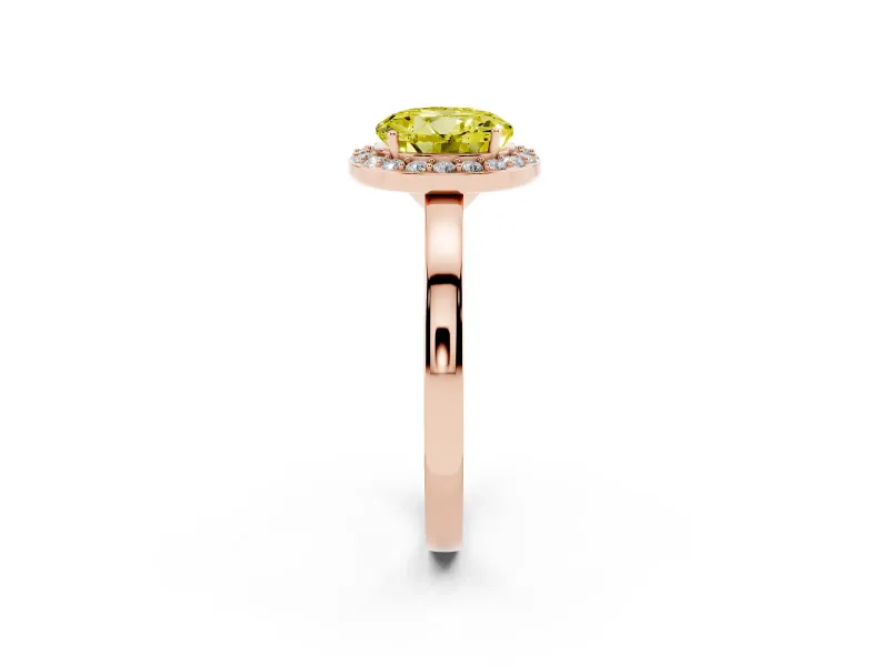 Fancy Yellow Round Cut Diamond Halo Ring Set in Rose gold with Solitaire Band and Prong Setting