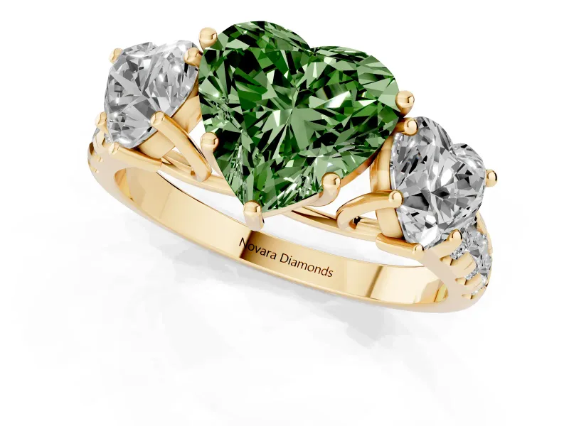 Heart-Shaped Three Stone Engagement Ring Setting for a Fancy Green Lab-Grown Diamond | Accented Shoulders | Yellow Gold